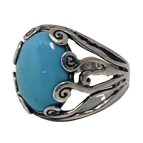 Blue Turquoise 925 Sterling Silver Ring Size 10 Firoza Israel Cabochon - Picture 3 of 16